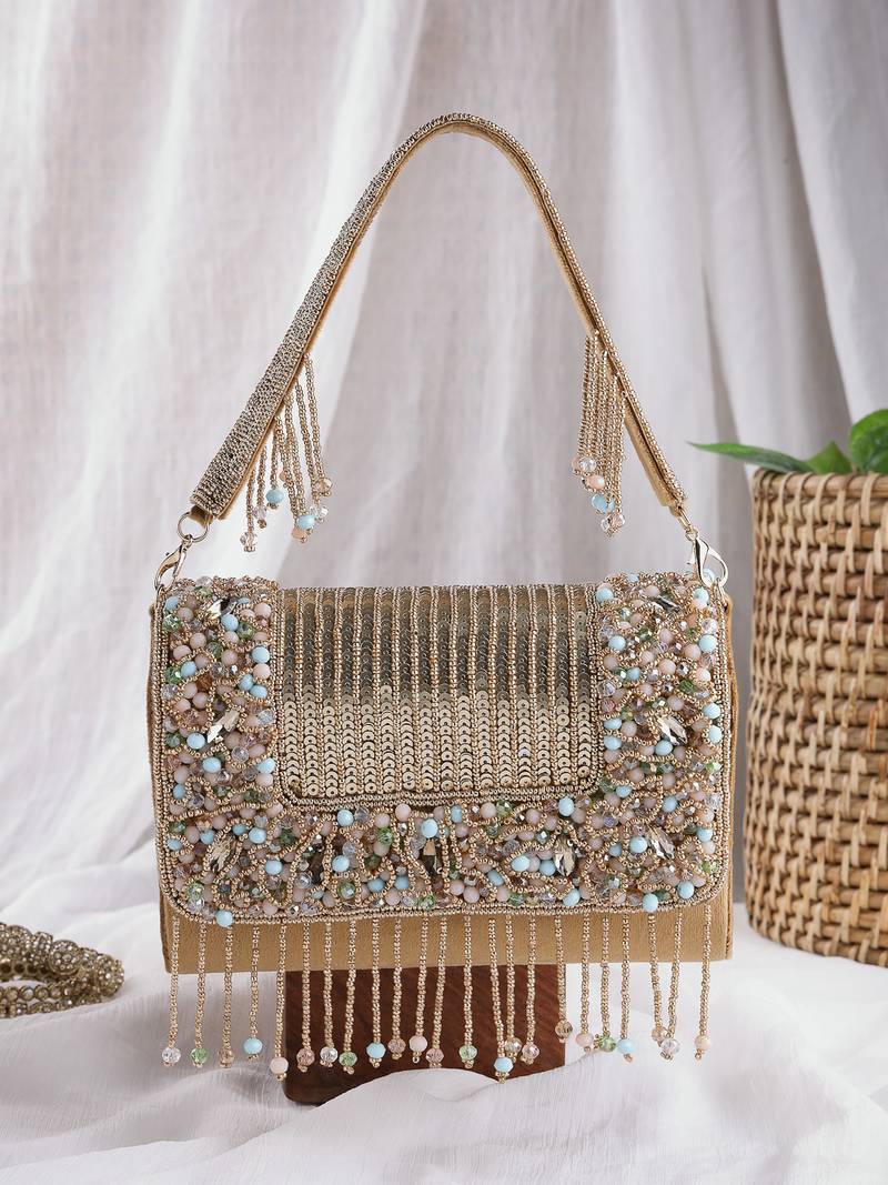   blush & bead antique gold & pastel multi suede embellished clutch