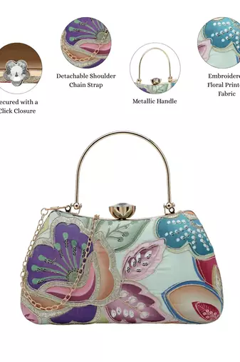   woven reverie mint green multi abstract floral embroidered clutch