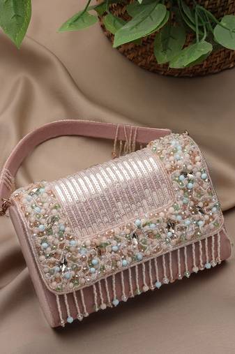   blush & bead dusky pink & pastel multi suede embellished clutch