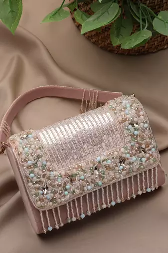   blush & bead dusky pink & pastel multi suede embellished clutch