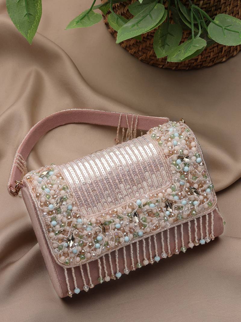   blush & bead dusky pink & pastel multi suede embellished clutch