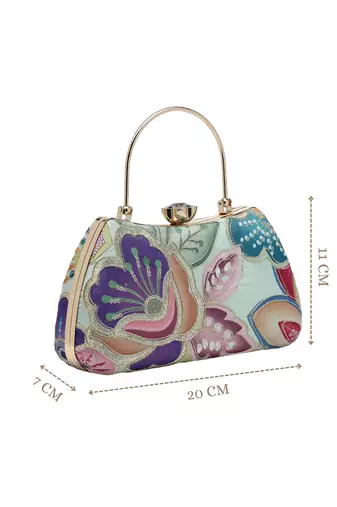   woven reverie mint green multi abstract floral embroidered clutch