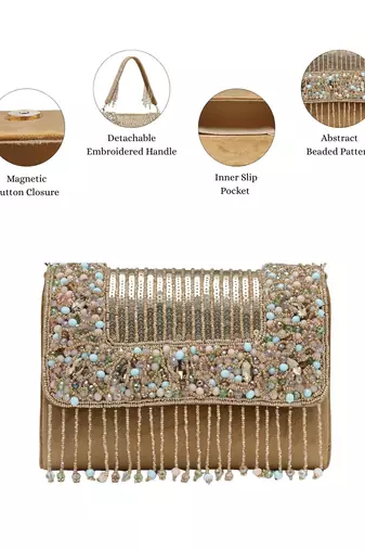   blush & bead antique gold & pastel multi suede embellished clutch