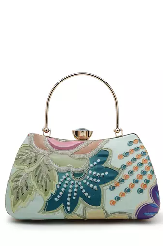   woven reverie mint green multi abstract floral embroidered clutch