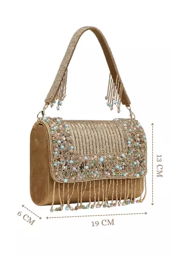   blush & bead antique gold & pastel multi suede embellished clutch
