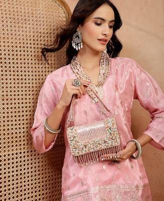  blush & bead dusky pink & pastel multi suede embellished clutch 2