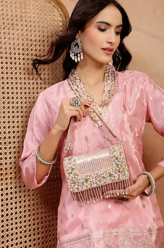   blush & bead dusky pink & pastel multi suede embellished clutch