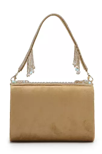   blush & bead antique gold & pastel multi suede embellished clutch