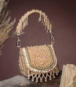   crystal cascade champagne gold suede embellished clutch