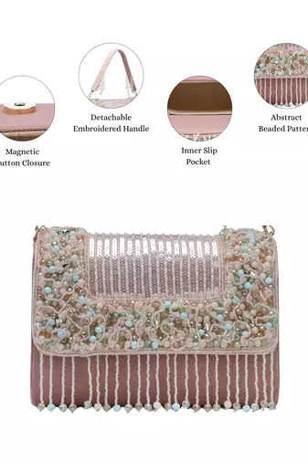   blush & bead dusky pink & pastel multi suede embellished clutch