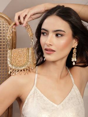  crystal cascade champagne gold suede embellished clutch 2