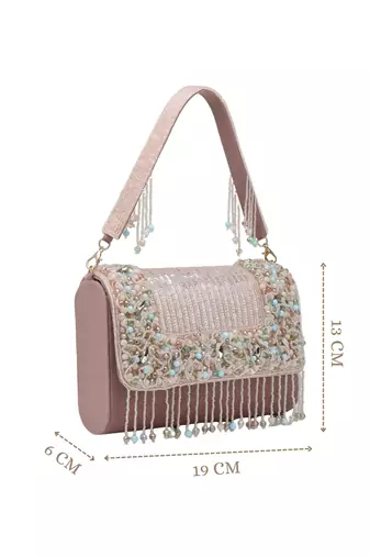   blush & bead dusky pink & pastel multi suede embellished clutch