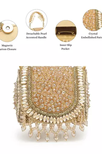   crystal cascade champagne gold suede embellished clutch