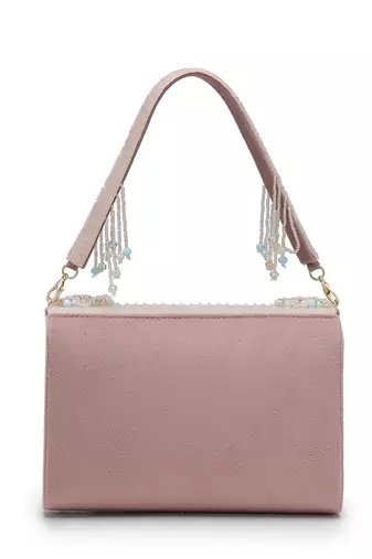   blush & bead dusky pink & pastel multi suede embellished clutch