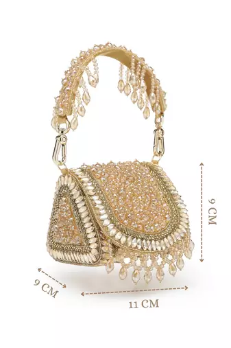   crystal cascade champagne gold suede embellished clutch
