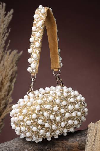   opal thread gold suede pearl beaded clutch