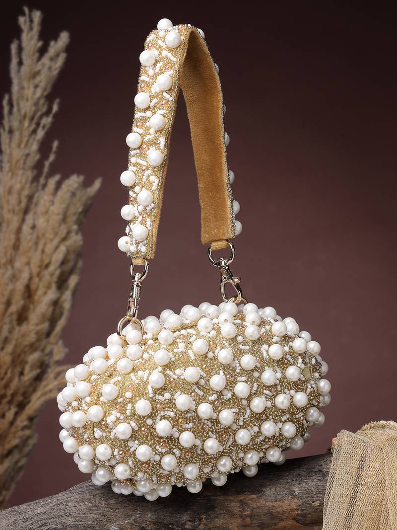   opal thread gold suede pearl beaded clutch