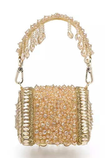  crystal cascade champagne gold suede embellished clutch