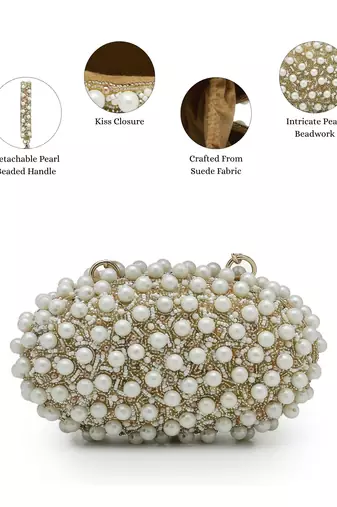   opal thread gold suede pearl beaded clutch