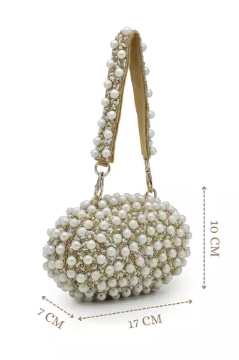   opal thread gold suede pearl beaded clutch
