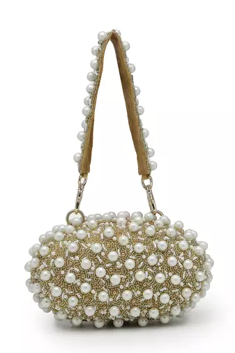   opal thread gold suede pearl beaded clutch
