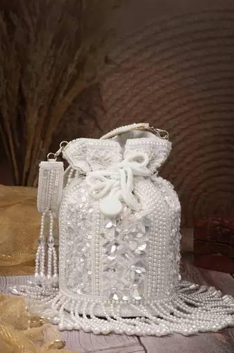   dewdrop fringe ivory pearl white 3d floral embellished potli