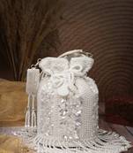   dewdrop fringe ivory pearl white 3d floral embellished potli
