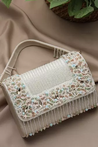   blush & bead ivory & pastel multi suede embellished clutch