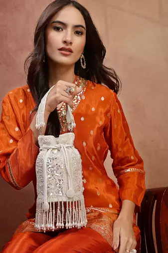   dewdrop fringe ivory pearl white 3d floral embellished potli
