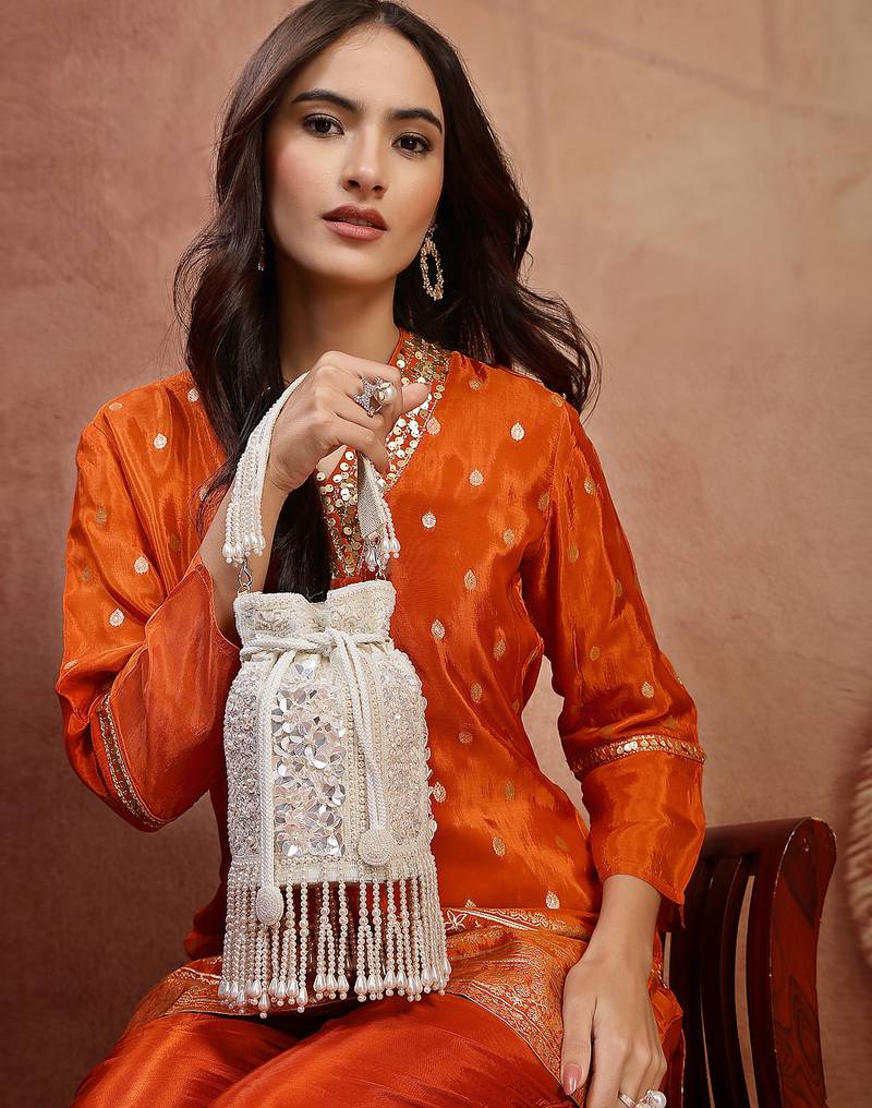   dewdrop fringe ivory pearl white 3d floral embellished potli