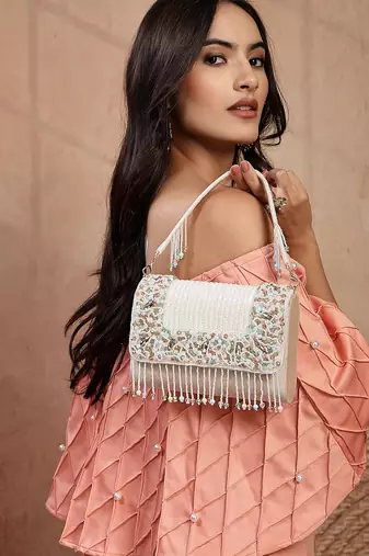   blush & bead ivory & pastel multi suede embellished clutch