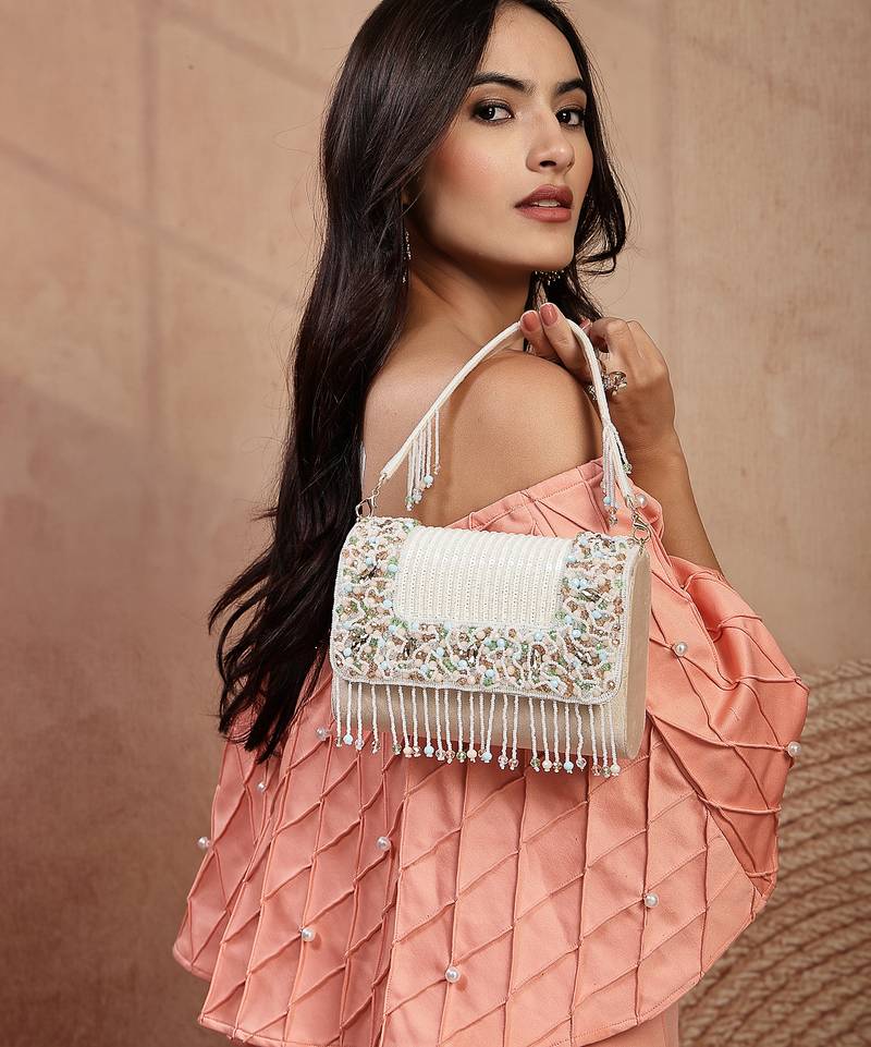   blush & bead ivory & pastel multi suede embellished clutch