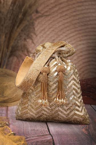   noor edit metallic gold suede sequin embellished potli