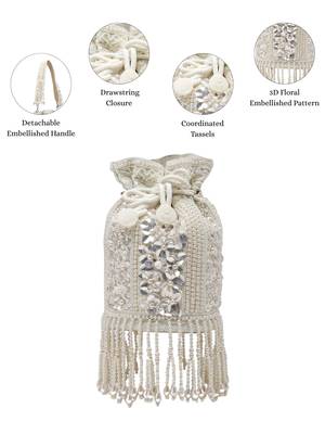  dewdrop fringe ivory pearl white 3d floral embellished potli 3