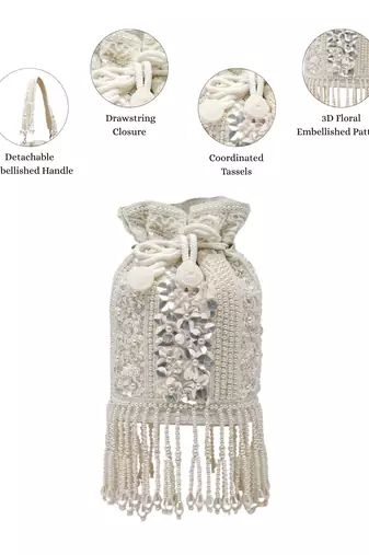   dewdrop fringe ivory pearl white 3d floral embellished potli