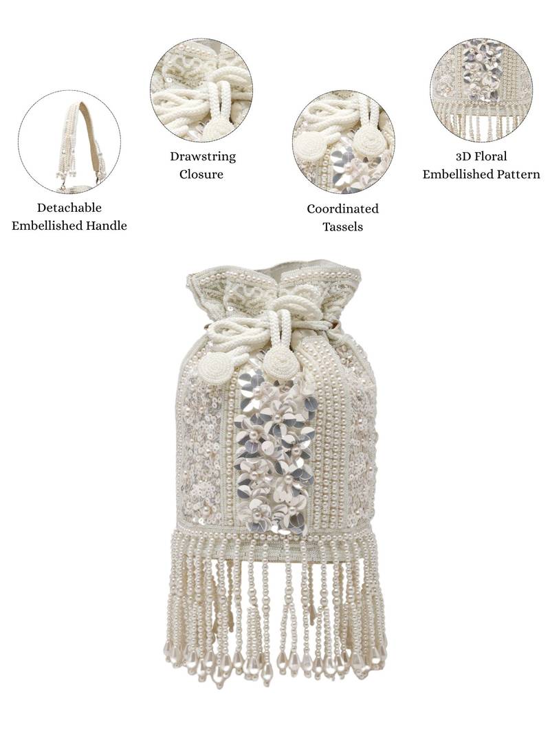   dewdrop fringe ivory pearl white 3d floral embellished potli