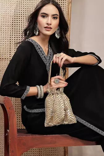   noor edit metallic gold suede sequin embellished potli