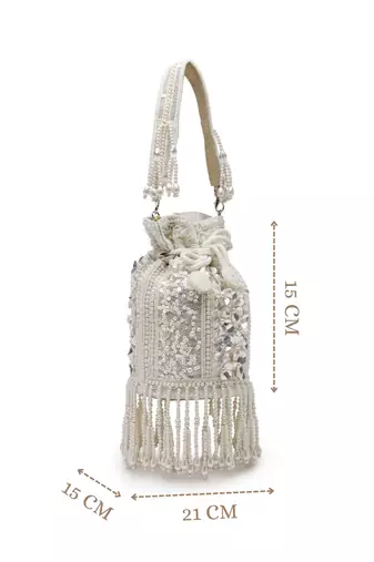   dewdrop fringe ivory pearl white 3d floral embellished potli