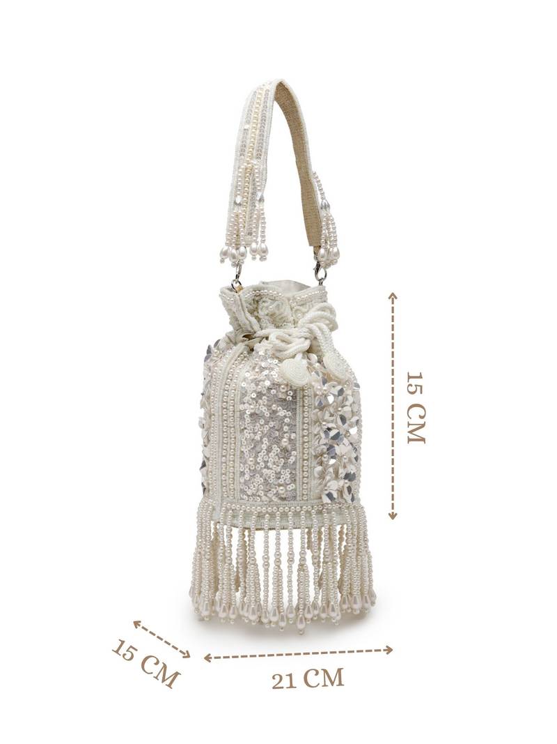   dewdrop fringe ivory pearl white 3d floral embellished potli