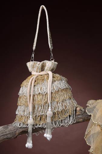   dewdrop fringe metallic gold & silver suede beaded potli