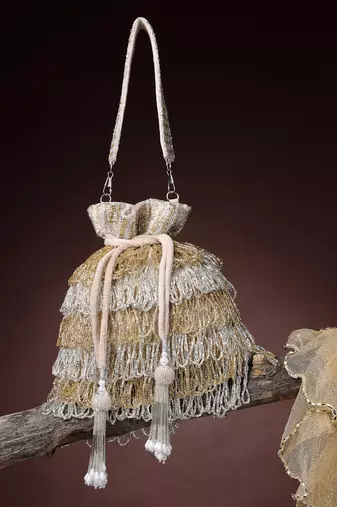   dewdrop fringe metallic gold & silver suede beaded potli