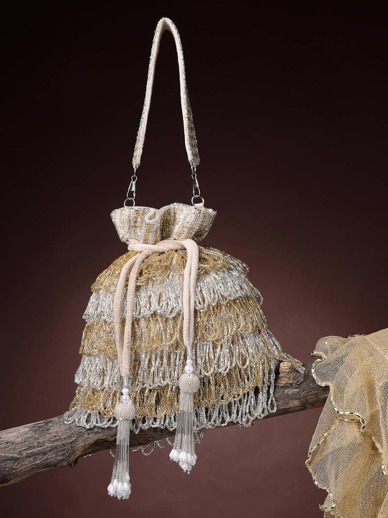   dewdrop fringe metallic gold & silver suede beaded potli