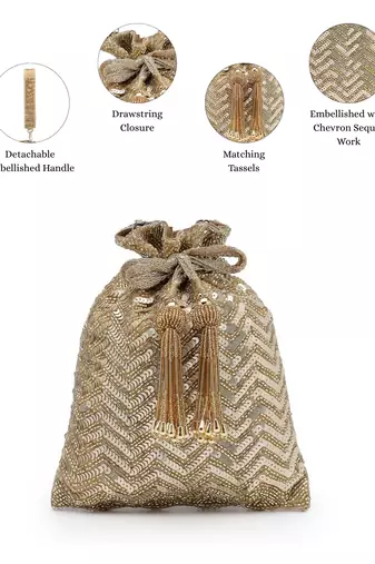   noor edit metallic gold suede sequin embellished potli