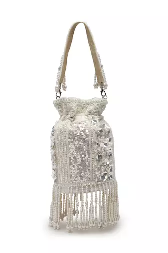   dewdrop fringe ivory pearl white 3d floral embellished potli