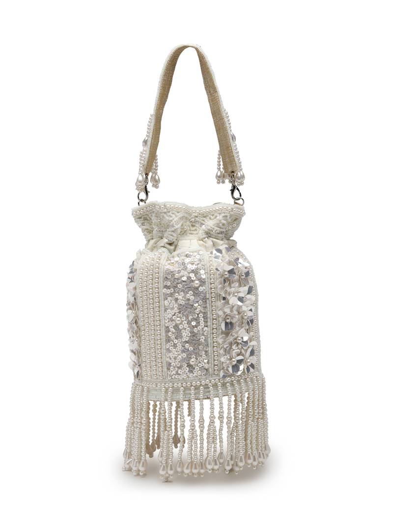   dewdrop fringe ivory pearl white 3d floral embellished potli