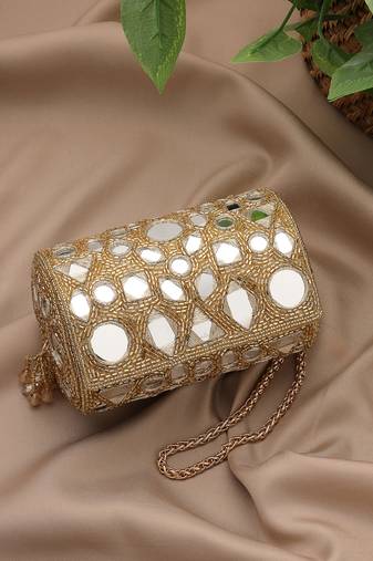   tipify metallic gold geometric mirror embellished clutch