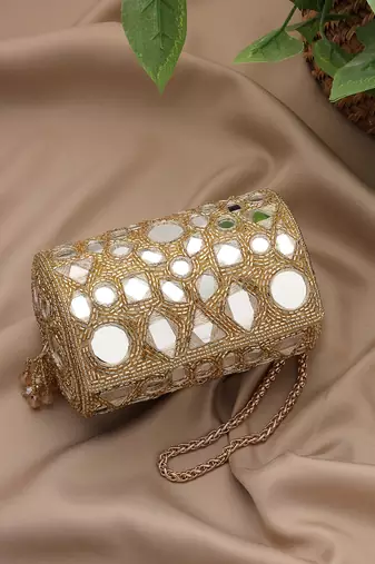   tipify metallic gold geometric mirror embellished clutch