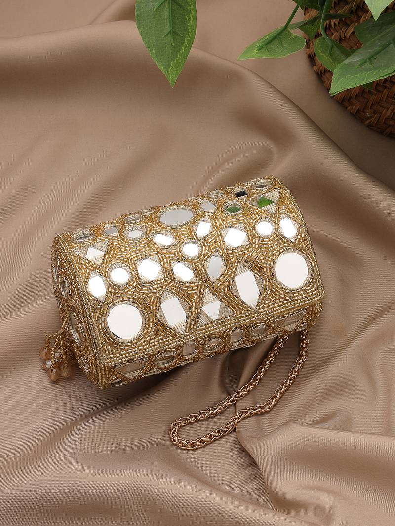   tipify metallic gold geometric mirror embellished clutch