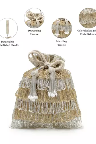   dewdrop fringe metallic gold & silver suede beaded potli