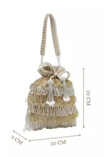   dewdrop fringe metallic gold & silver suede beaded potli